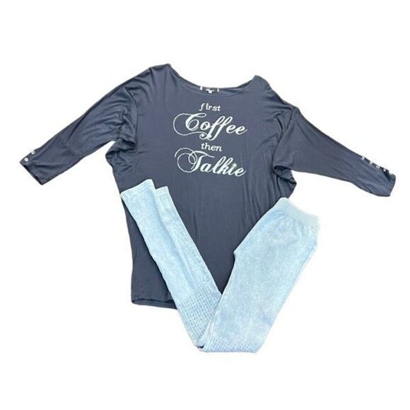 Nikibiki 2pc Rhinestone Lounge Set First Coffee then Talkie Knit Leggings Tunic - Picture 1 of 6